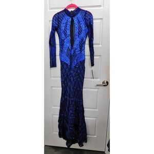 New Holt Miami Blue Mesh Painted Long‎ Evening Prom Dress $899rt  sz S